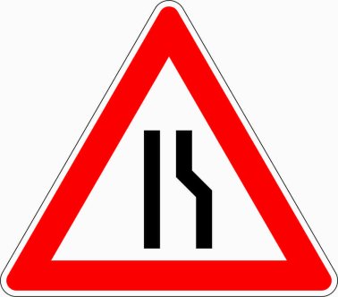 Verkehrszeichen VZ 121-10 Einseitig verengte Fahrbahn, Verengung rechts
