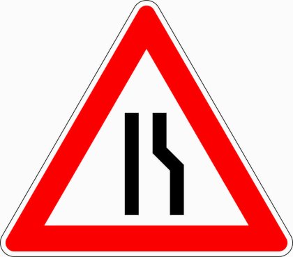 Verkehrszeichen VZ 121-10 Einseitig verengte Fahrbahn, Verengung rechts