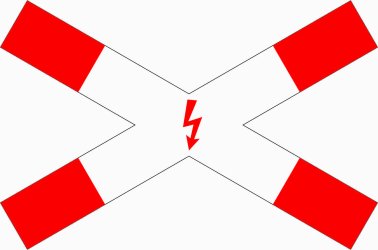 VZ 201-53 Andreaskreuz liegend, mit Blitzpfeil