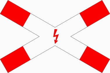 VZ 201-53 Andreaskreuz liegend, mit Blitzpfeil