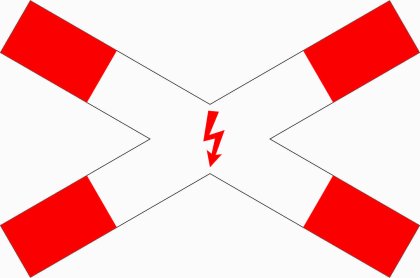 VZ 201-53 Andreaskreuz liegend, mit Blitzpfeil
