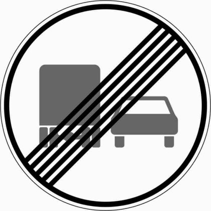 VZ 281 Ende des Überholverbots für Kfz mit einer zulässigen Gesamtmasse über 3,5 t, einschließlich ihrer Anhänger, und für Zugmaschinen. Ausgenom- men sind Pkw und Kraftomnibusse.