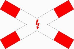 VZ 201-53 Andreaskreuz liegend, mit Blitzpfeil