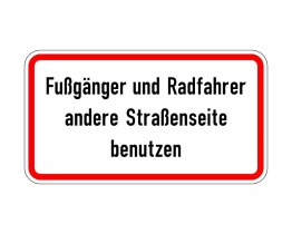 Hinweisschild WH48 "Fußgänger und Radfahrer andere Straßenseite benutzen"